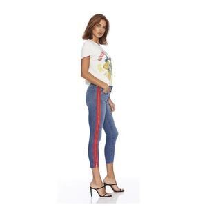 NWOT Etienne Marcel Skinny Leg High Rise Raw Hem Red Stripe Medium Wash Jeans